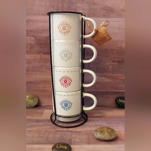 SALE! NWT Boho Evil Eye Set Stackable Coffee Mugs/Tea Cups Metal Organizer Stand - Picture 1 of 16